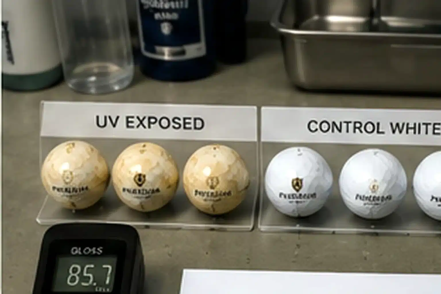 Range Golf Balls Quality Control range golf balls in UV exposure comparison for golf training quality control