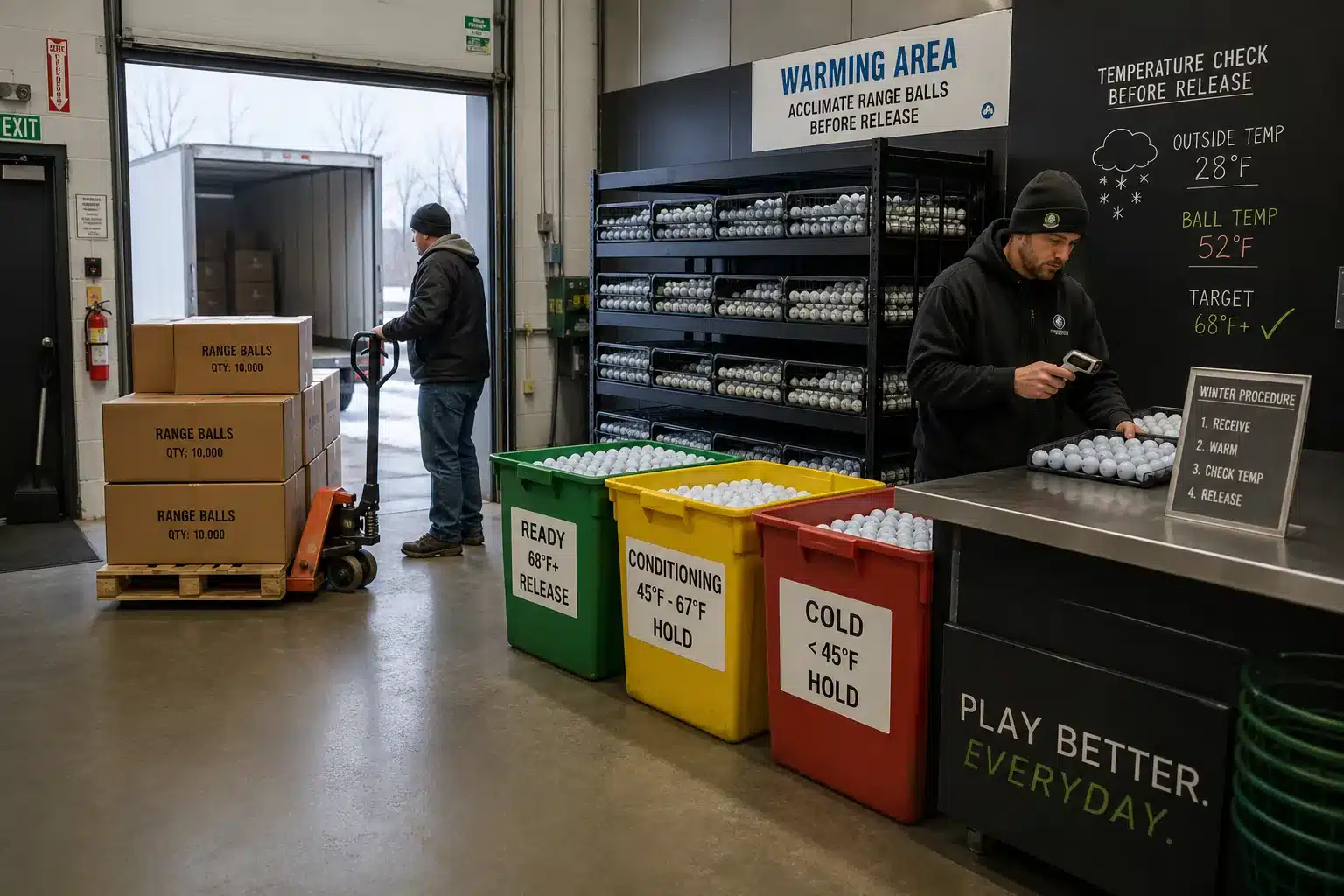 Bulk Range Golf Balls range golf balls in warming area for bulk quality control before release