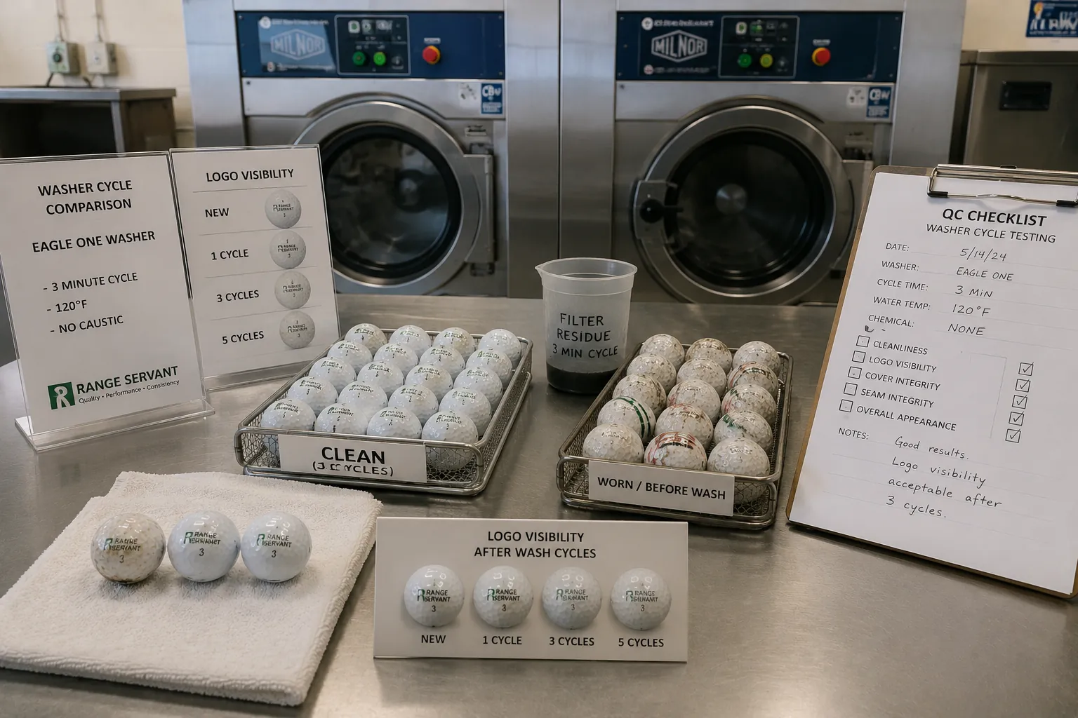 Bulk Range Golf Balls QC bulk range golf balls washer cycle testing with logo visibility quality control