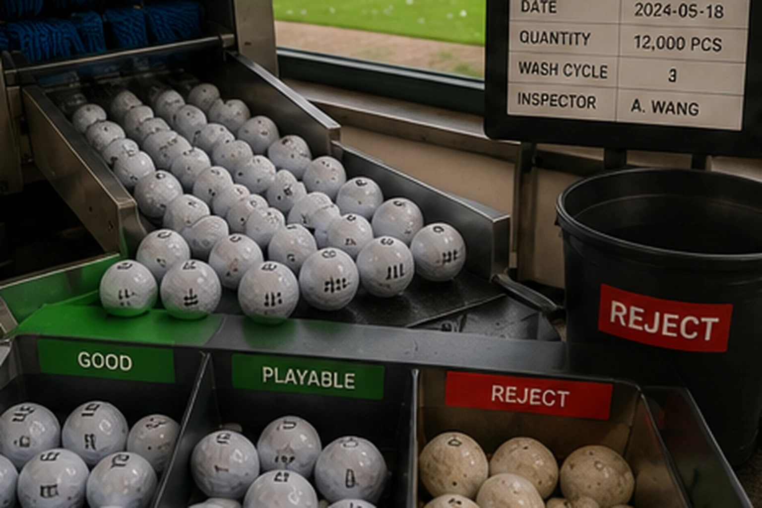 Range Golf Balls Quality Control range golf balls in washer sorting line for quality control golf training