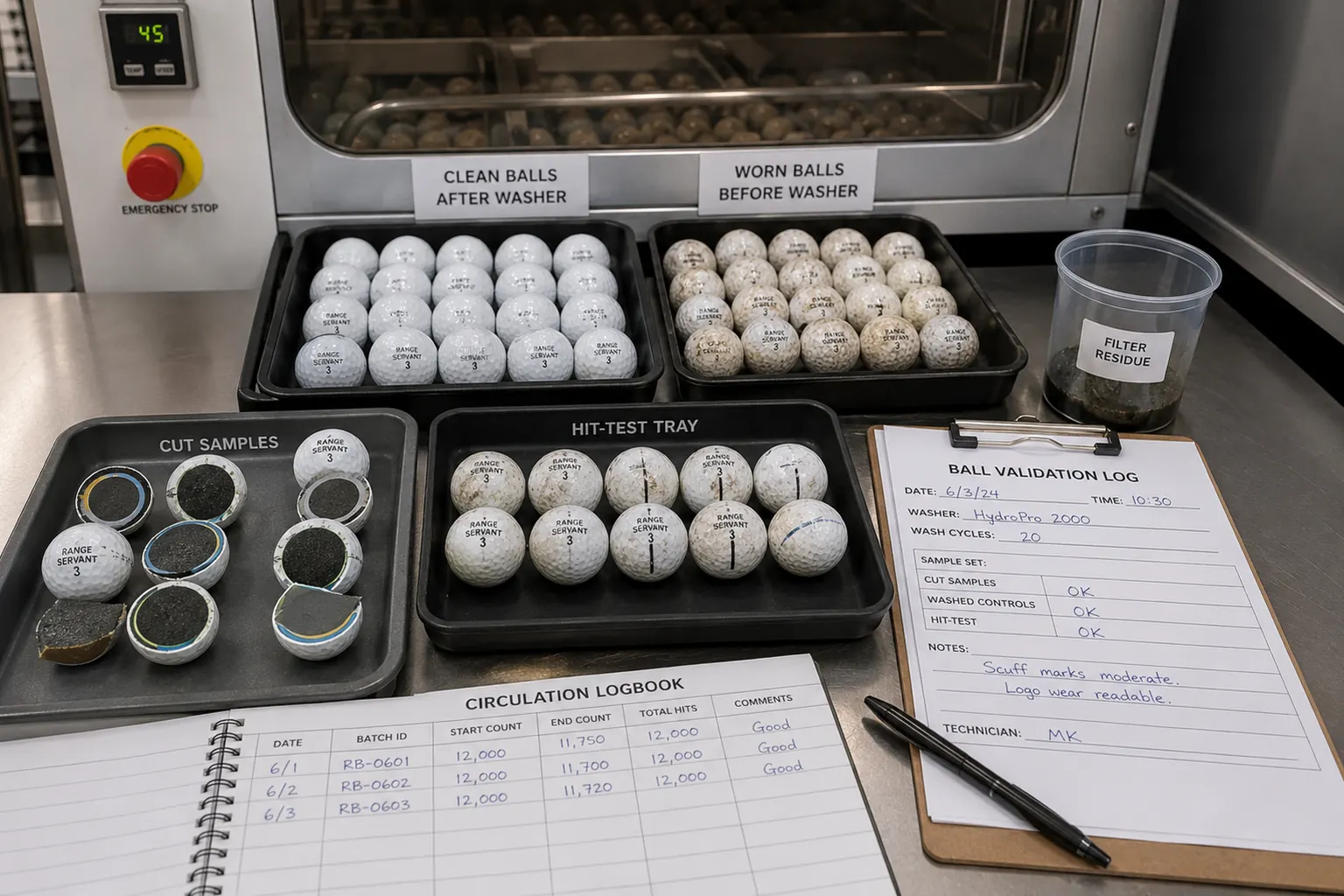 Bulk Range Golf Balls QC bulk range golf balls washer validation with hit-test tray and quality control log