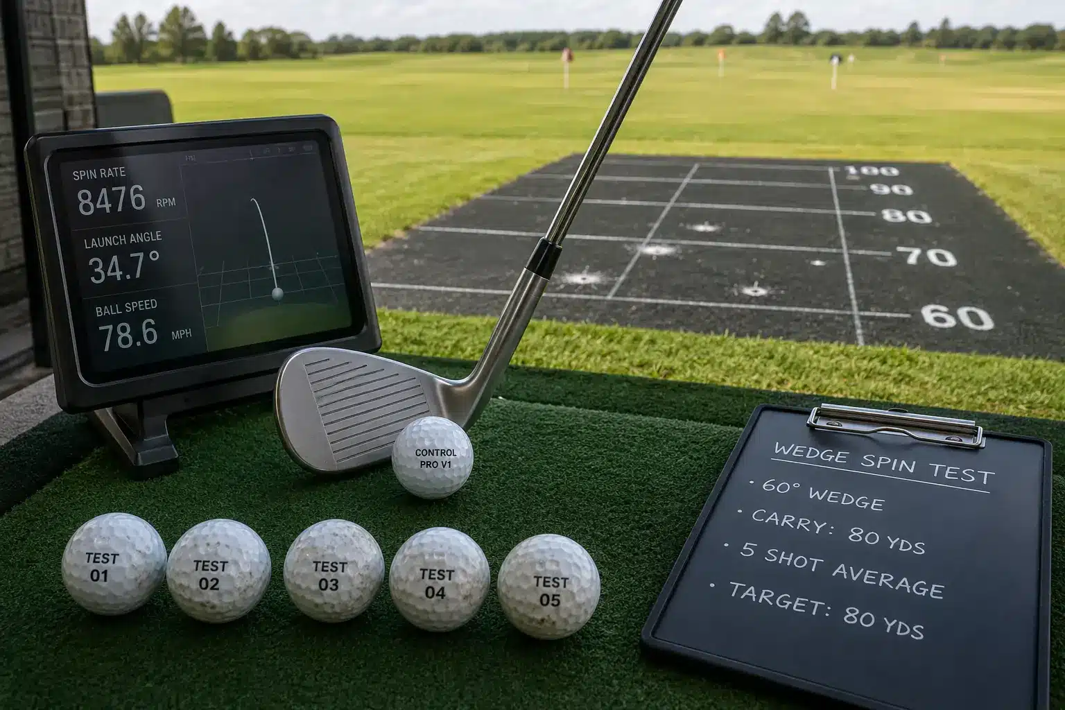 Range Golf Balls QC range golf balls on turf wedge spin test for golf training quality control