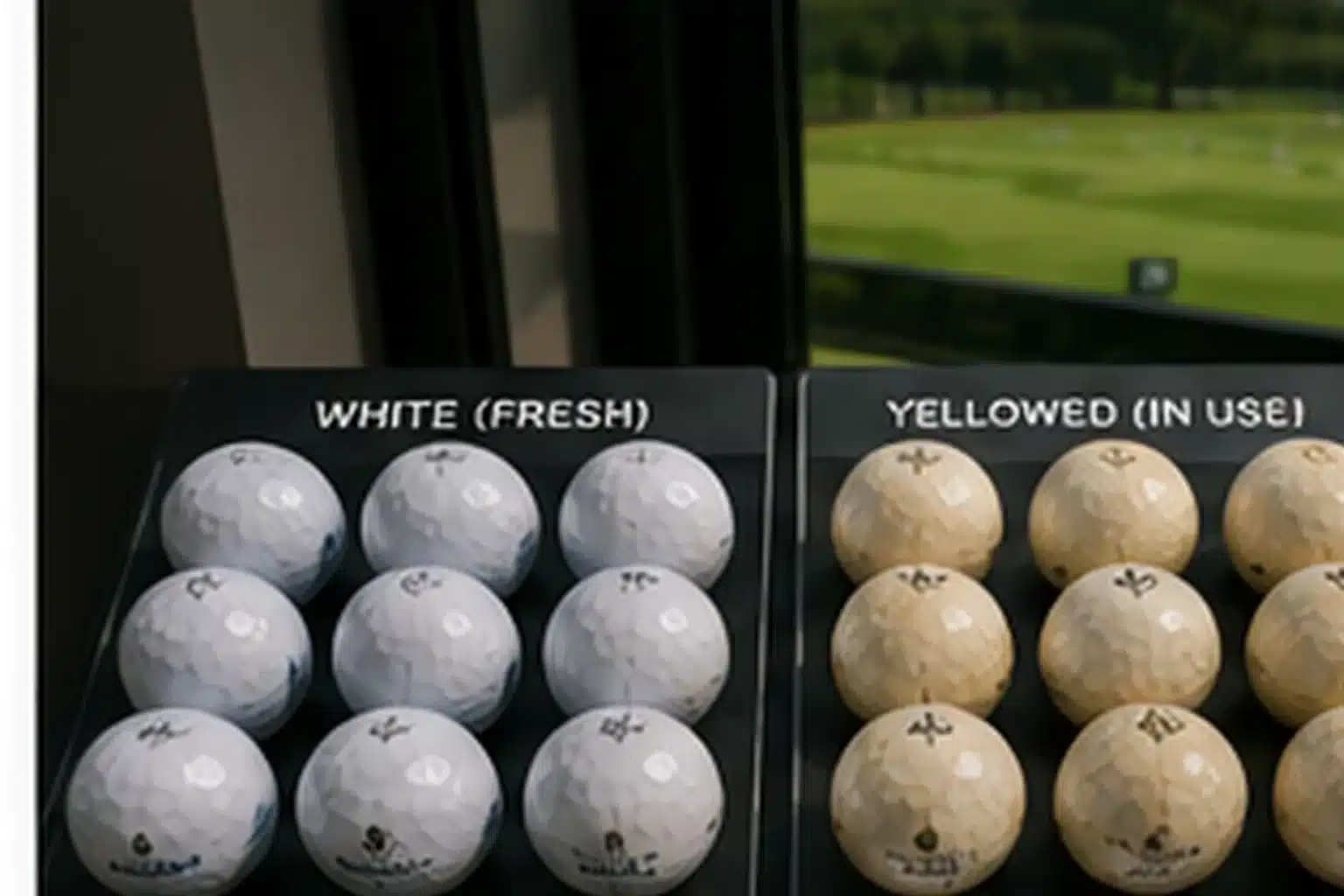 Range Golf Balls Quality Control range golf balls in fresh versus yellowed comparison for golf training quality control