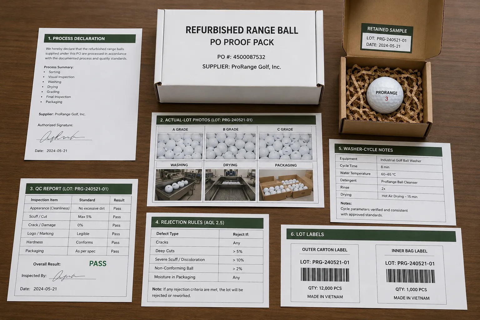 Refurbished Range Balls Quality Control bulk refurbished range golf balls PO proof pack with quality control reports