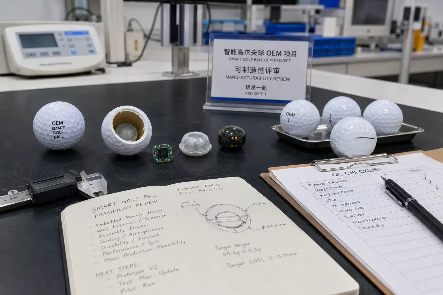 OEM Smart Golf Balls smart golf balls in OEM lab manufacturability review for quality control