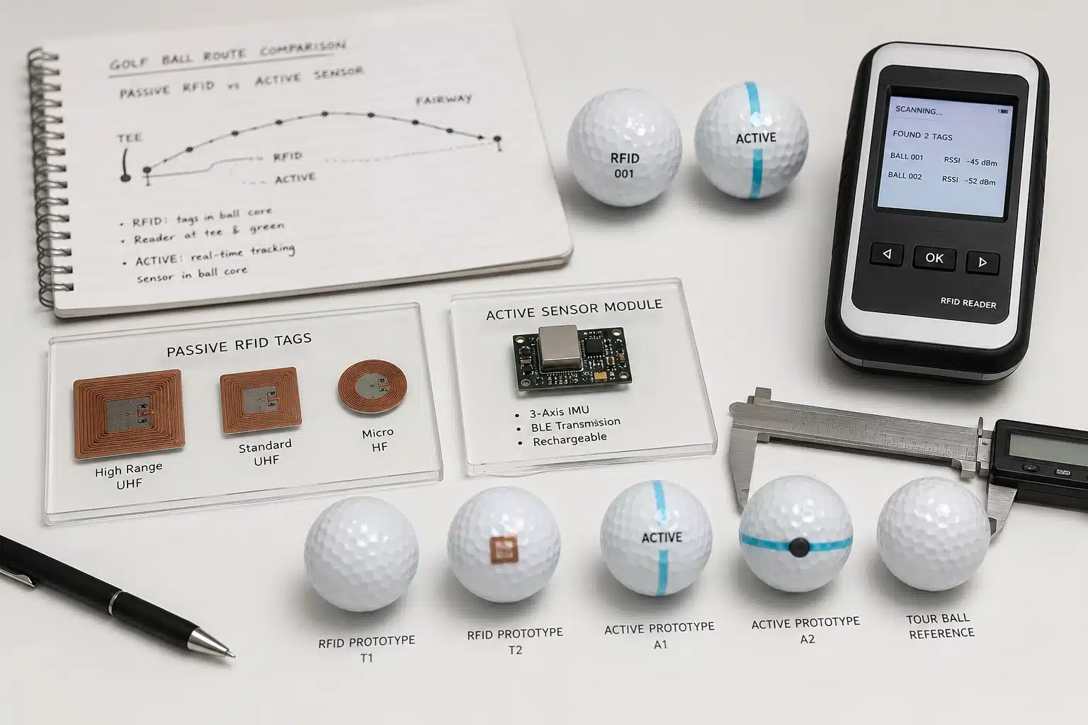 OEM Smart Golf Balls smart RFID golf balls in OEM prototype lab with quality control reader