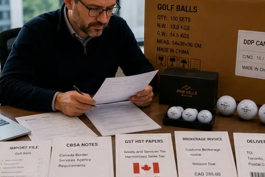 export golf ball gift sets with DDP Canada import documents and made in China carton