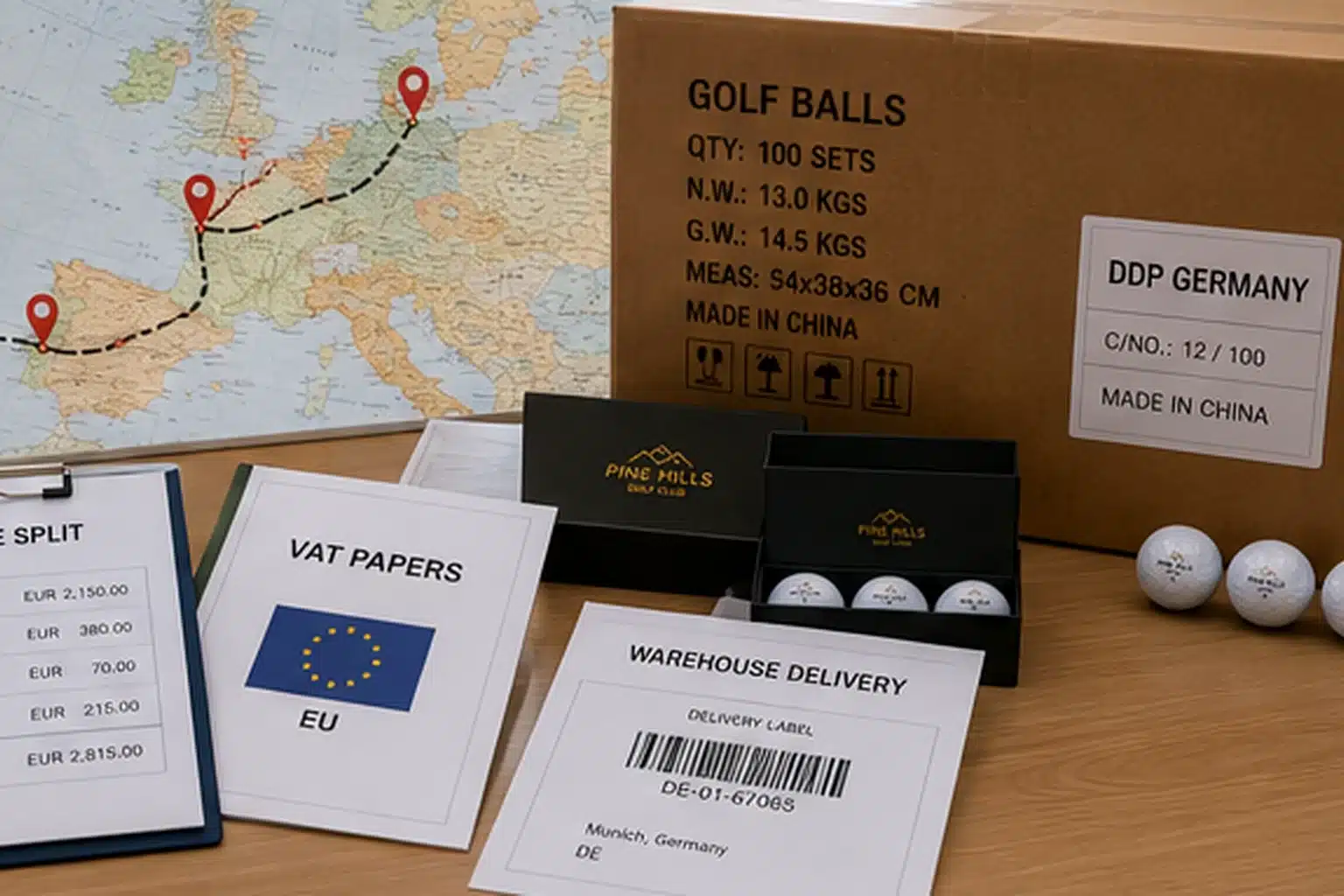 export golf ball gift sets custom golf ball gift sets with DDP Germany export documents and made in China carton