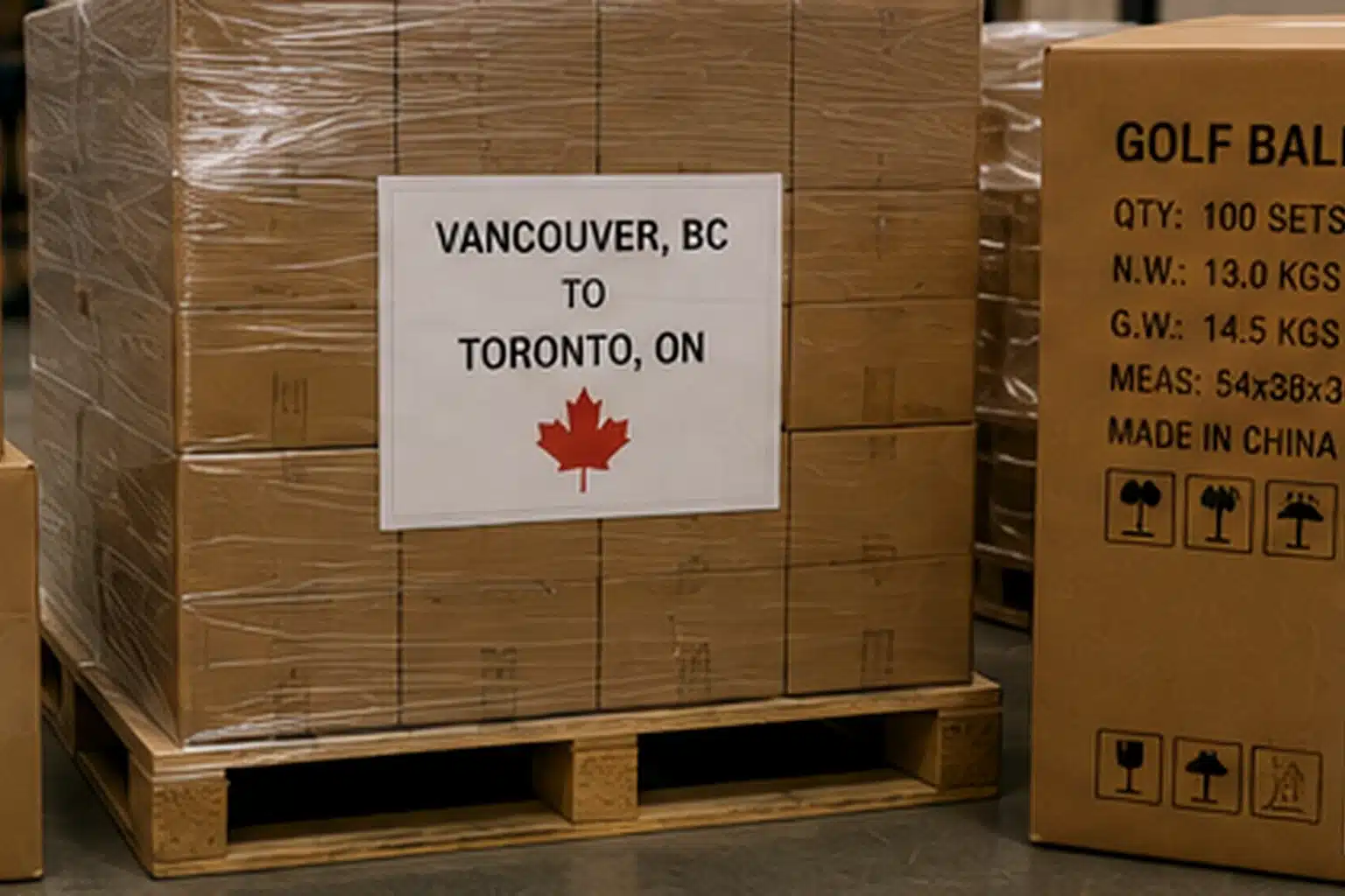 export golf balls pallet export golf balls on Canada pallet beside made in China cartons