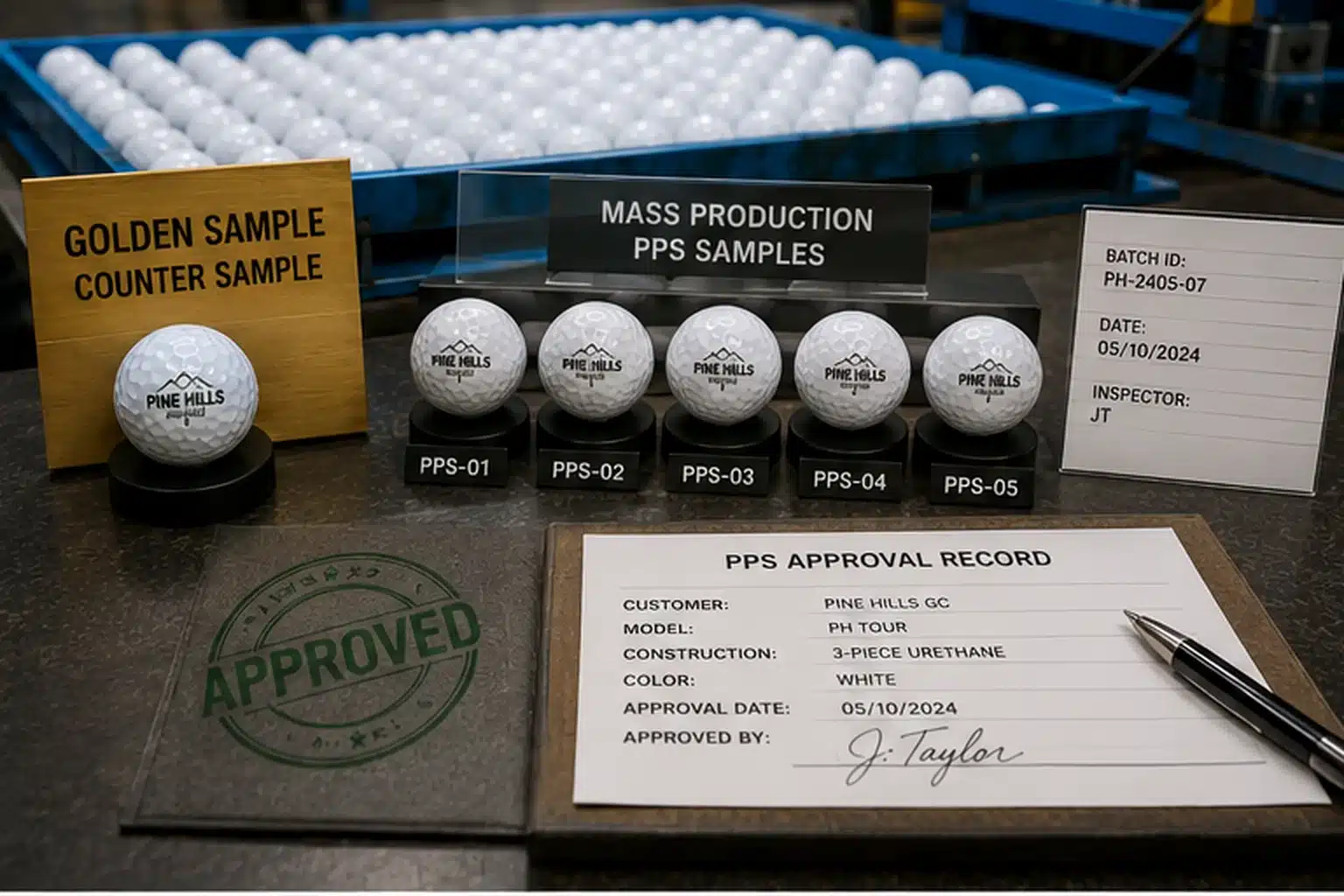 OEM printed golf balls OEM printed golf balls in PPS approval quality control display