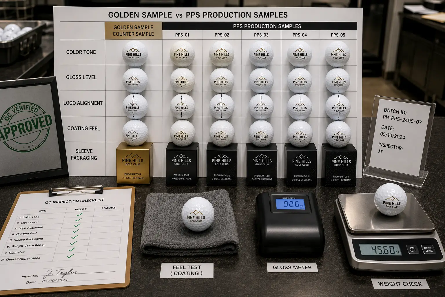 OEM printed golf balls OEM printed golf balls with PPS comparison board and quality control tools
