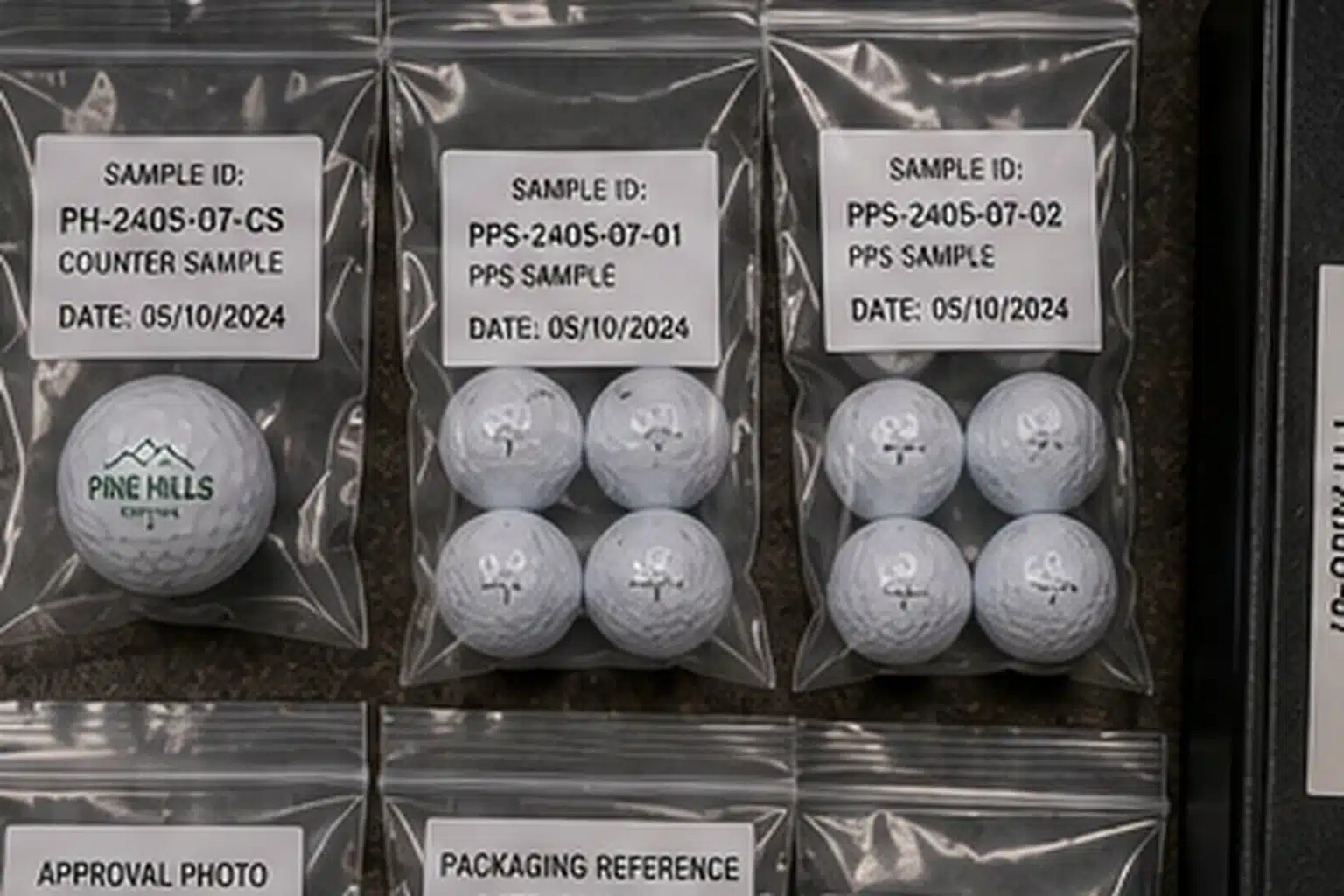 OEM printed golf balls OEM printed golf balls in PPS sample bags for quality control