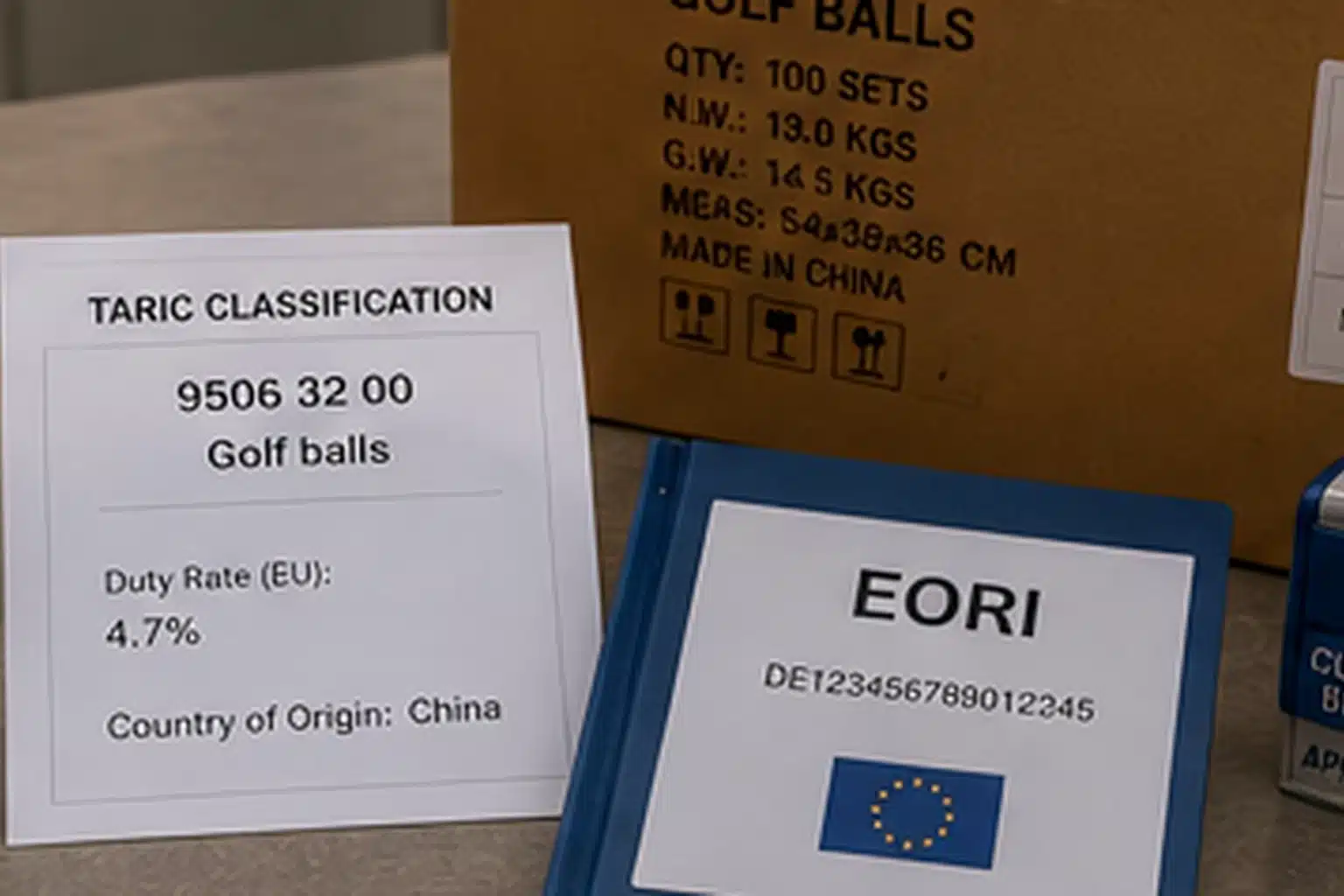 export golf balls export golf balls with TARIC classification and EORI documents beside made in China carton