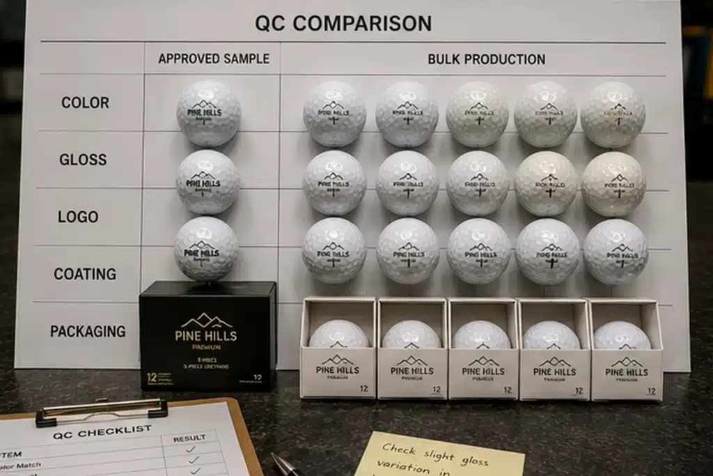 bulk indoor golf balls on QC comparison board for quality control