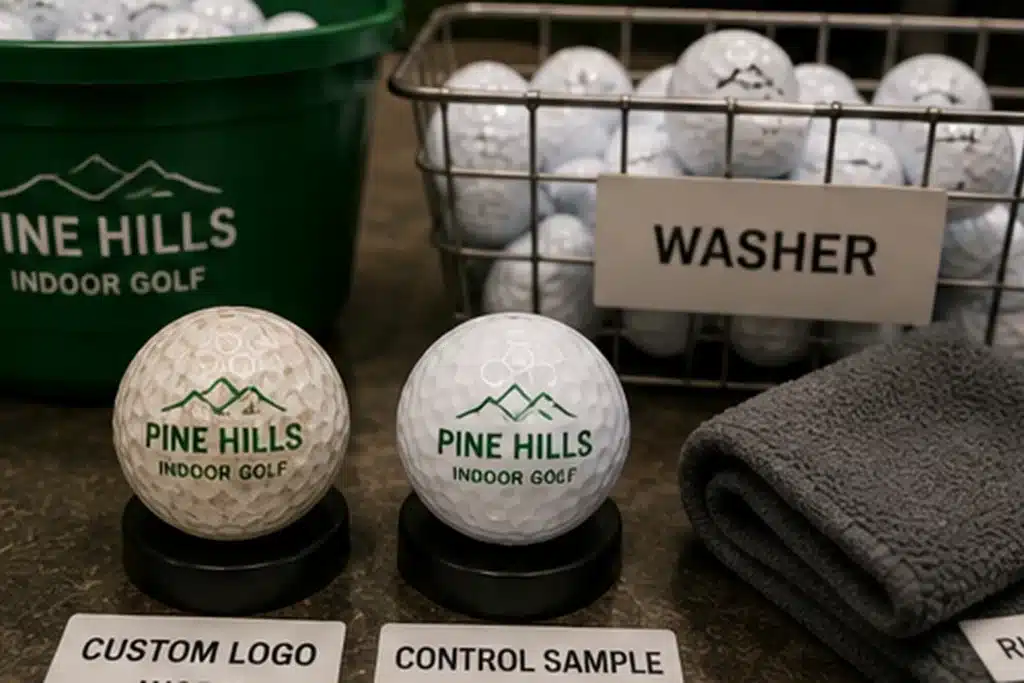 custom indoor golf balls in washer quality control station
