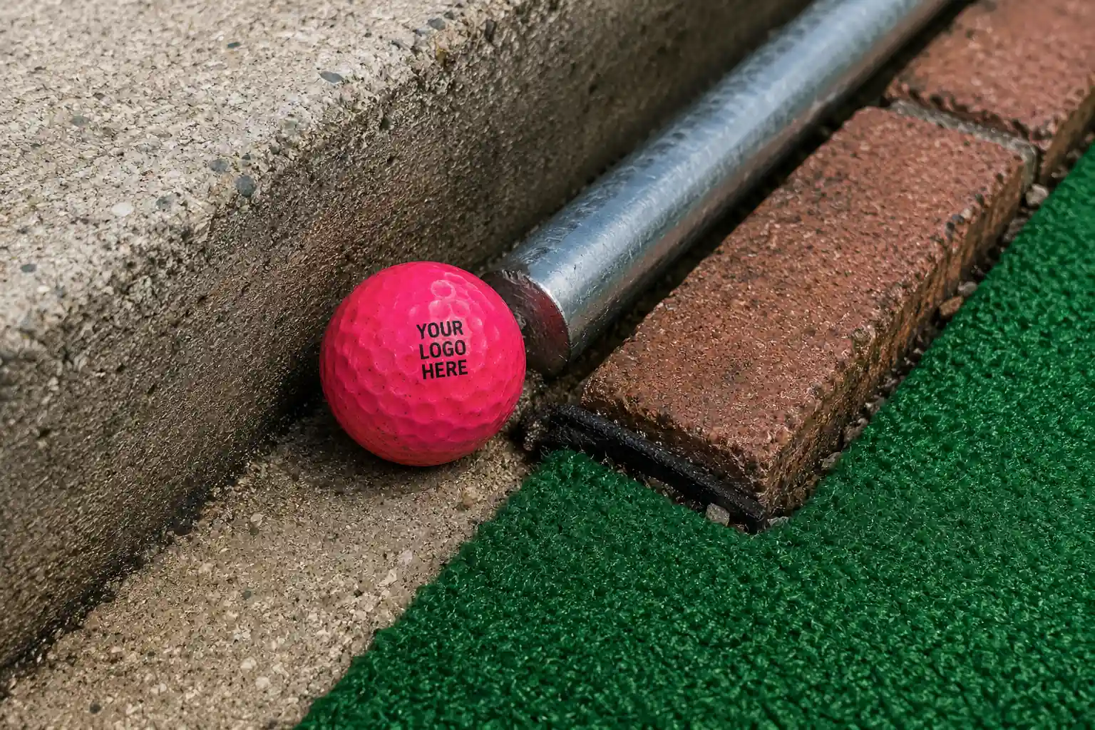 custom mini golf ball custom branded mini golf ball beside rail on artificial turf