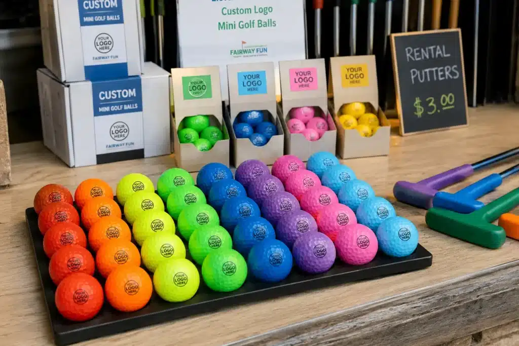 custom printed mini golf balls in bulk rental counter display