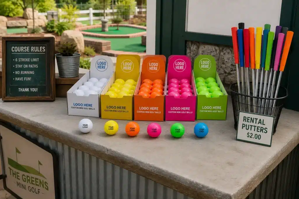 custom mini golf balls in wholesale rental counter display