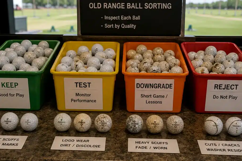 bulk range golf balls sorted by quality control at training range station