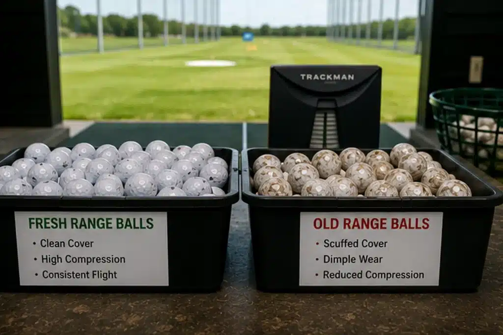 wholesale range golf balls in training bay comparing fresh and old batches
