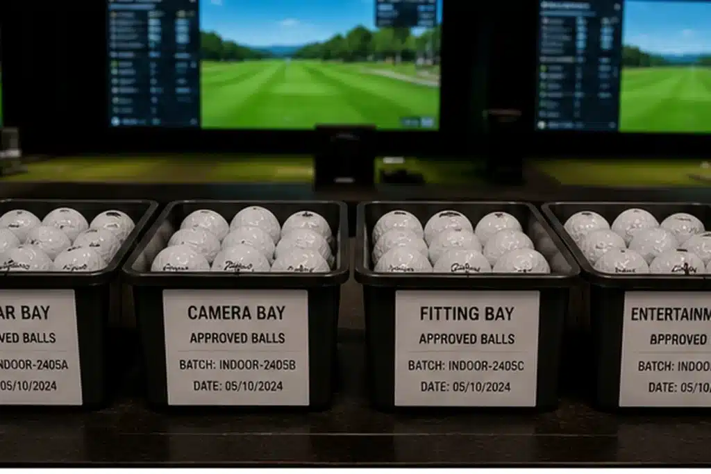 bulk golf simulator balls in approved training bay bins for quality control