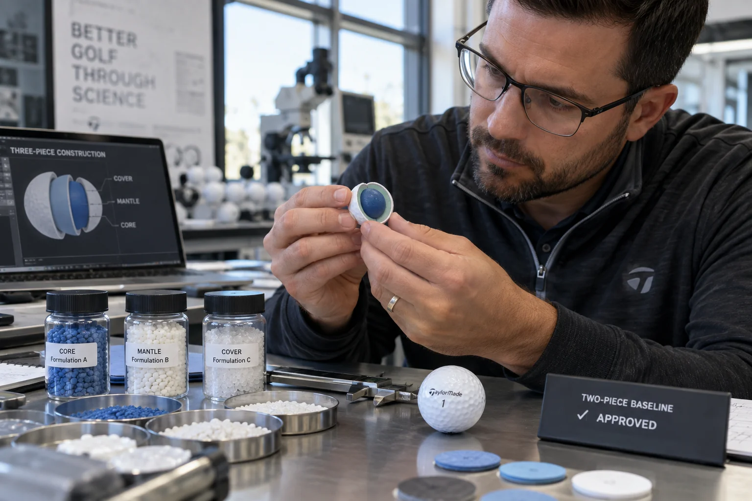OEM Golf Ball Development OEM golf ball cross-section inspected with core mantle cover materials during custom product development