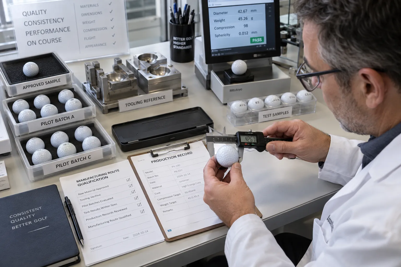 OEM Golf Ball Quality Control OEM golf ball measured with caliper during manufacturer quality control and pilot batch qualification