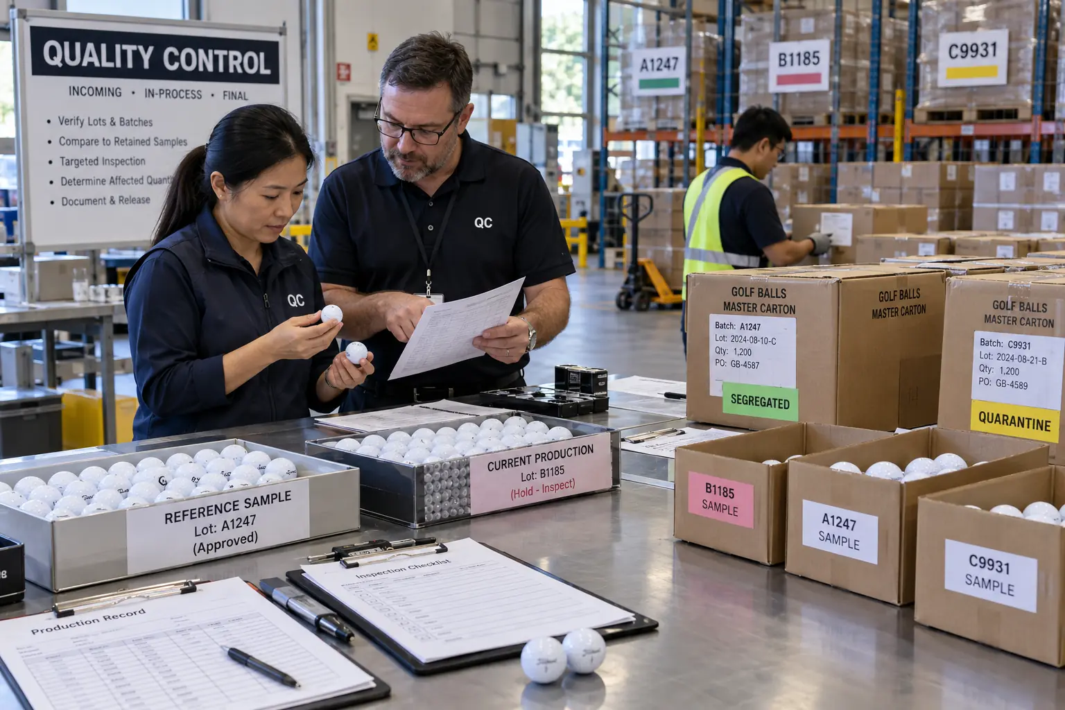 Golf Balls Quality Control Golf balls batch quality control in warehouse with segregated bulk cartons and reference samples