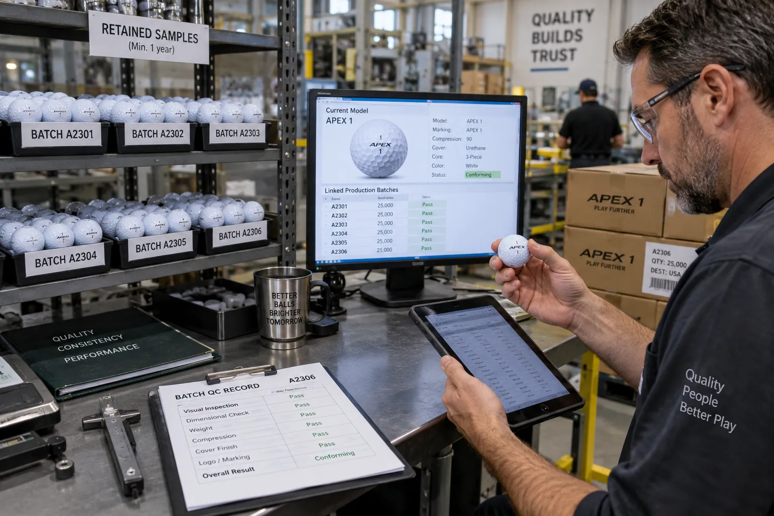 OEM Golf Balls Quality Control OEM golf balls verified with retained batch samples and factory quality control records