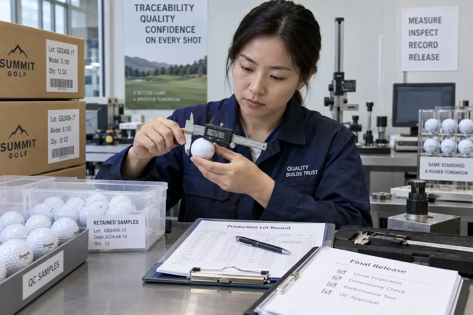 Golf Balls Quality Control golf balls measured during factory quality control with retained samples for bulk release