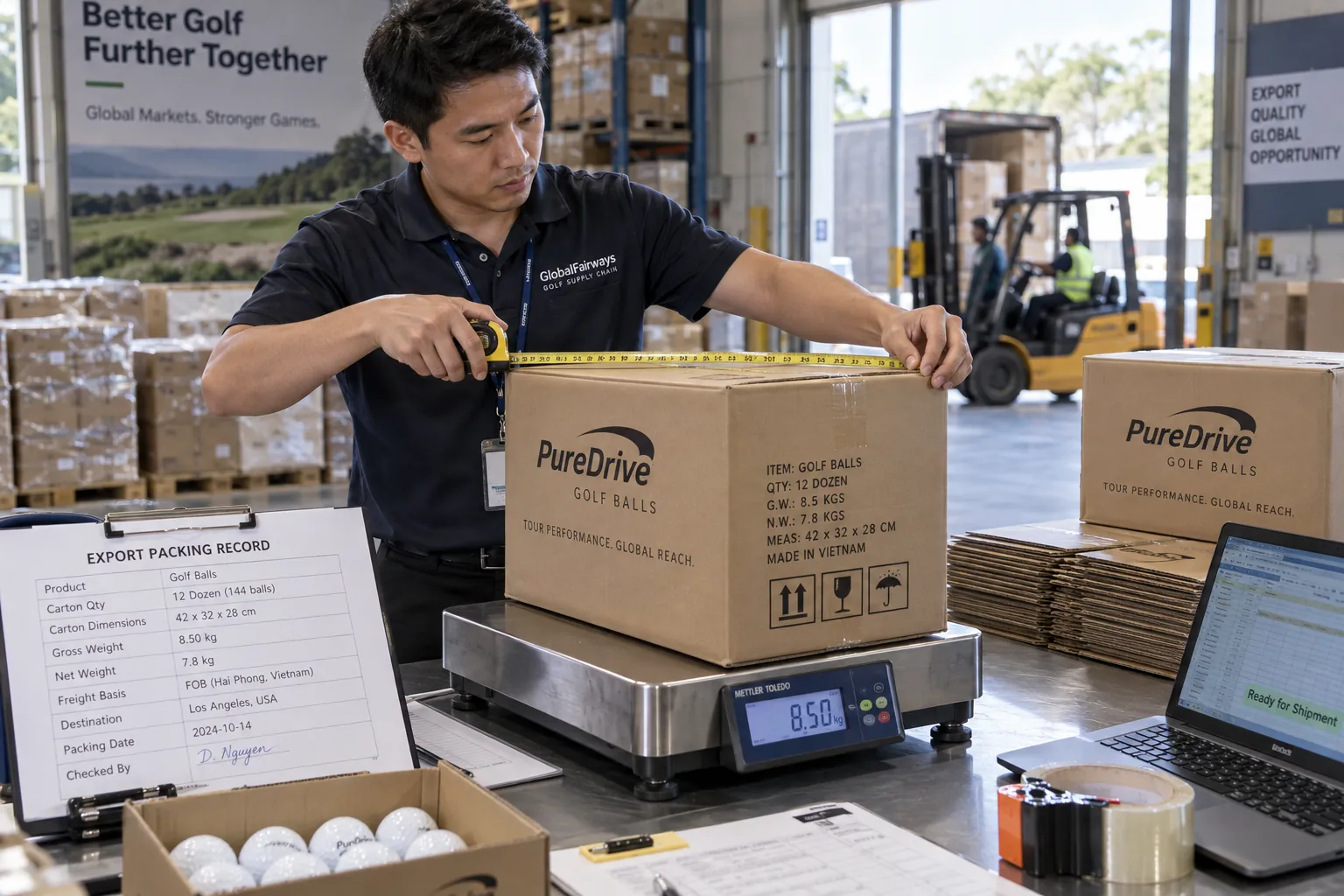 Branded Golf Balls Export branded golf balls packed for export with warehouse carton measurement and wholesale shipment records