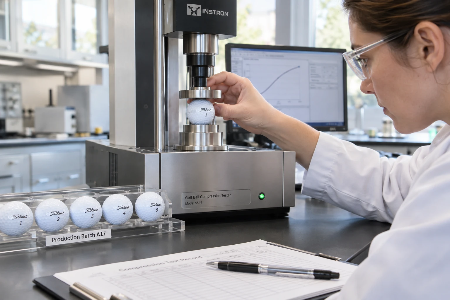 OEM Golf Balls Quality Control OEM golf balls undergoing compression testing in manufacturer quality control laboratory