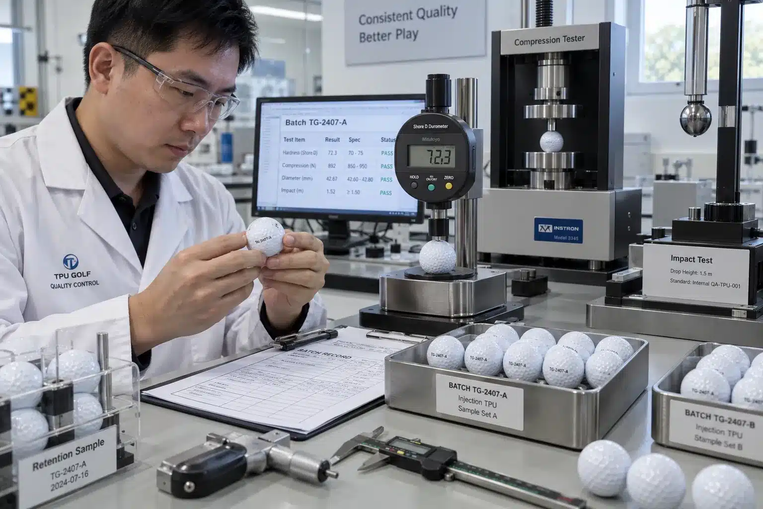 OEM Golf Balls Quality Control OEM golf balls undergoing compression and hardness testing during manufacturer quality control inspection