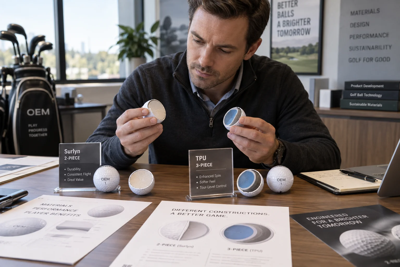 OEM Golf Balls Development OEM golf balls compared by construction materials for custom product development