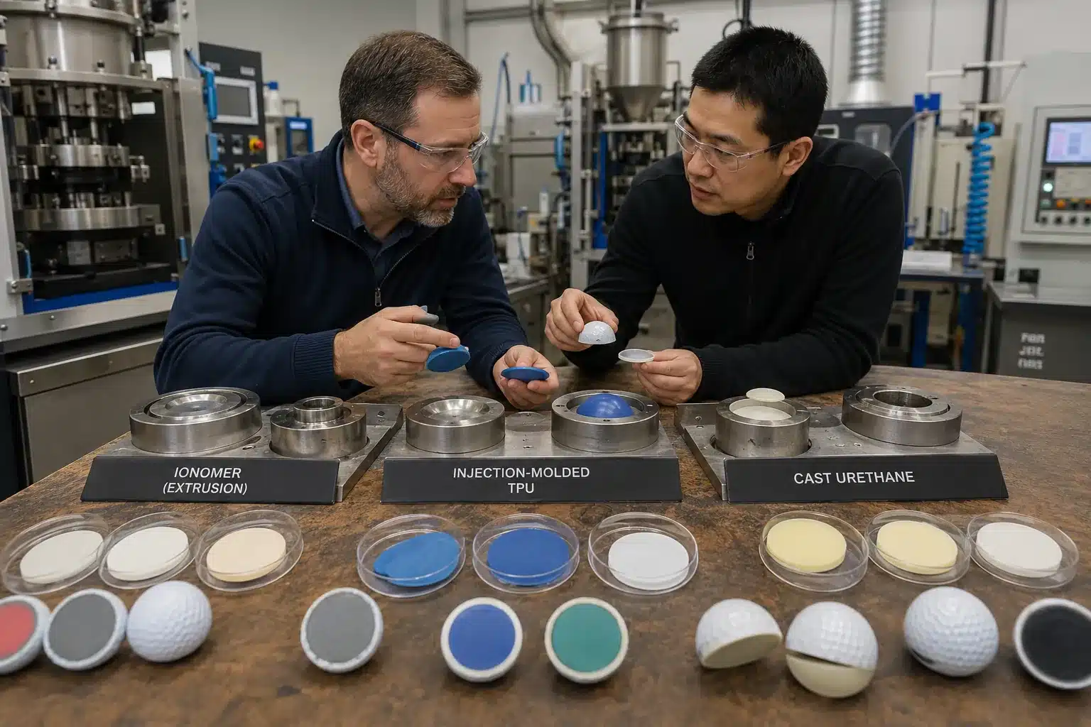 OEM Golf Balls Material Testing OEM golf balls undergoing cover material testing with manufacturer molds for quality control