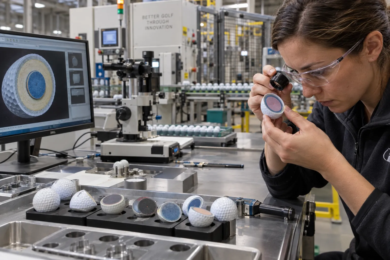 OEM Golf Balls Quality Control OEM golf balls cross-sections inspected under magnification during factory quality control