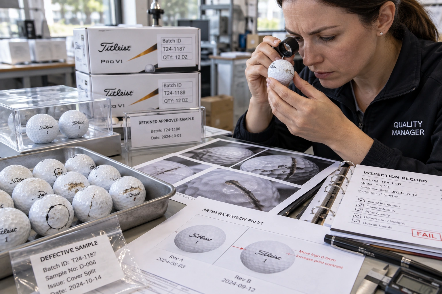 Golf Balls Quality Control Golf balls inspected for defects with quality control records and manufacturer warranty evidence