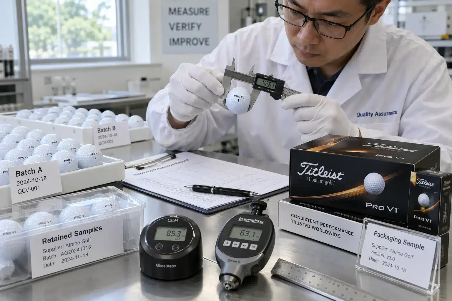 OEM Golf Balls Quality Control OEM golf balls measured during manufacturer quality control with retained batch samples