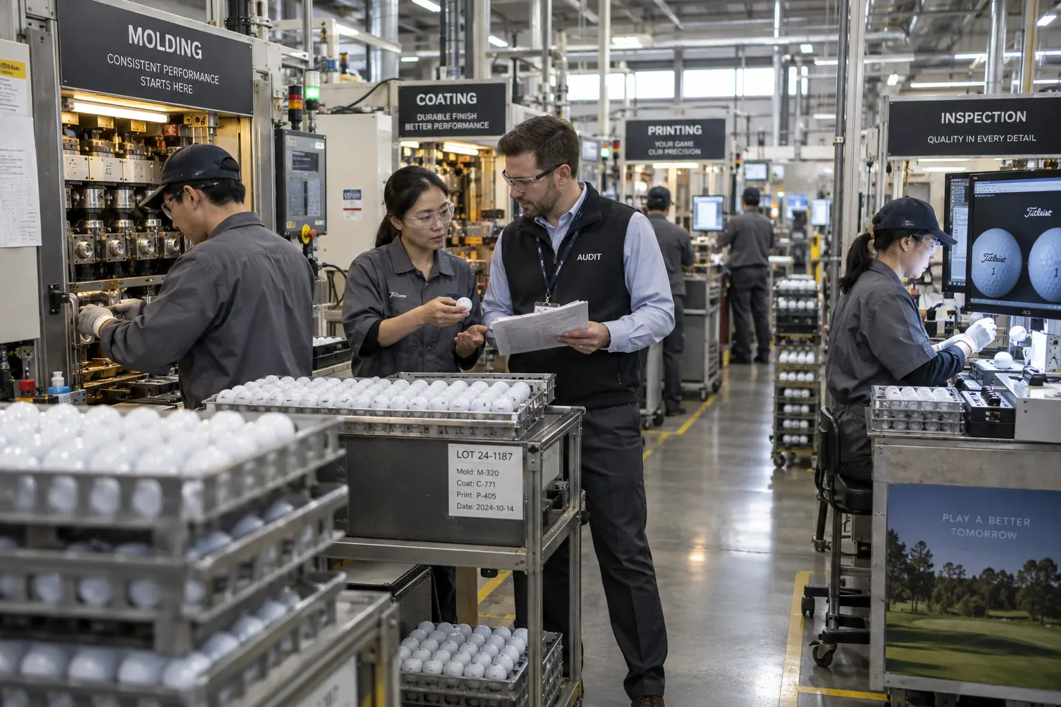 OEM Golf Balls Factory Audit OEM golf balls audited on factory production line for manufacturer quality control