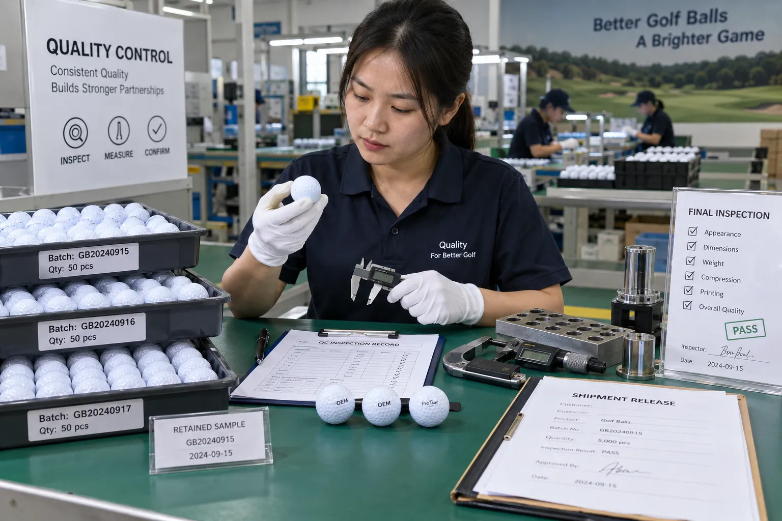 OEM Golf Balls Quality Control OEM golf balls inspected at factory quality control before shipment release
