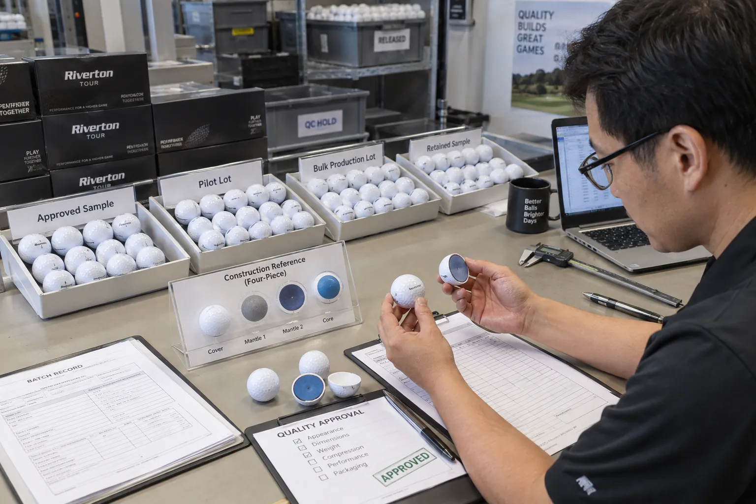 OEM Golf Balls Inspection OEM golf balls inspected against approved four-piece samples during factory quality control