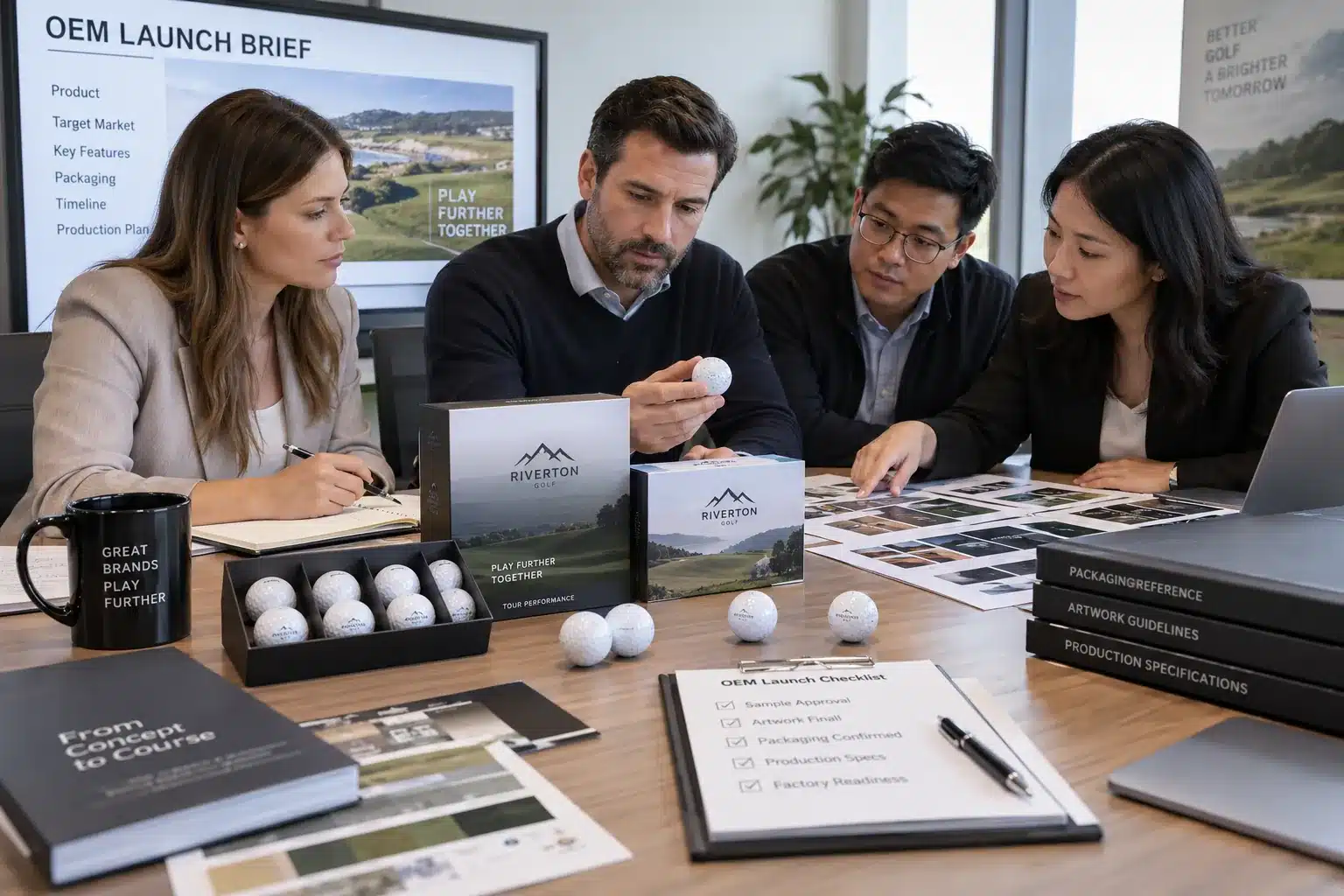 Custom Golf Balls OEM Launch custom golf balls reviewed in OEM launch meeting with branded packaging and production specifications