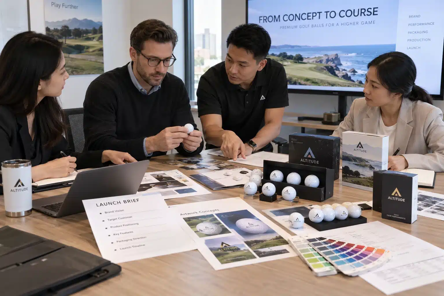 Custom Golf Balls OEM Launch custom branded golf balls reviewed in OEM launch meeting with packaging samples