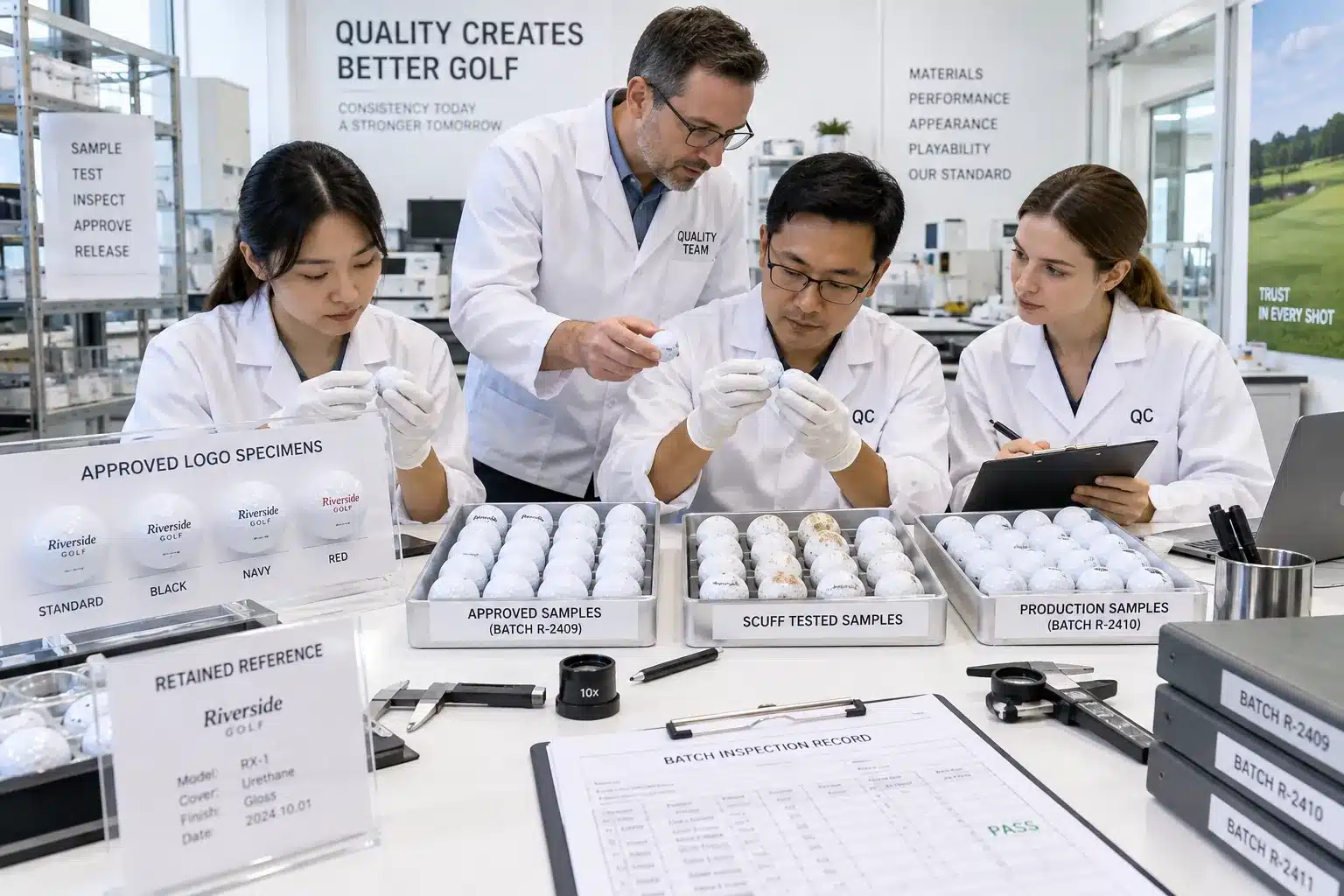 OEM Golf Balls Quality Control printed golf balls inspected against approved logo samples during OEM factory quality control