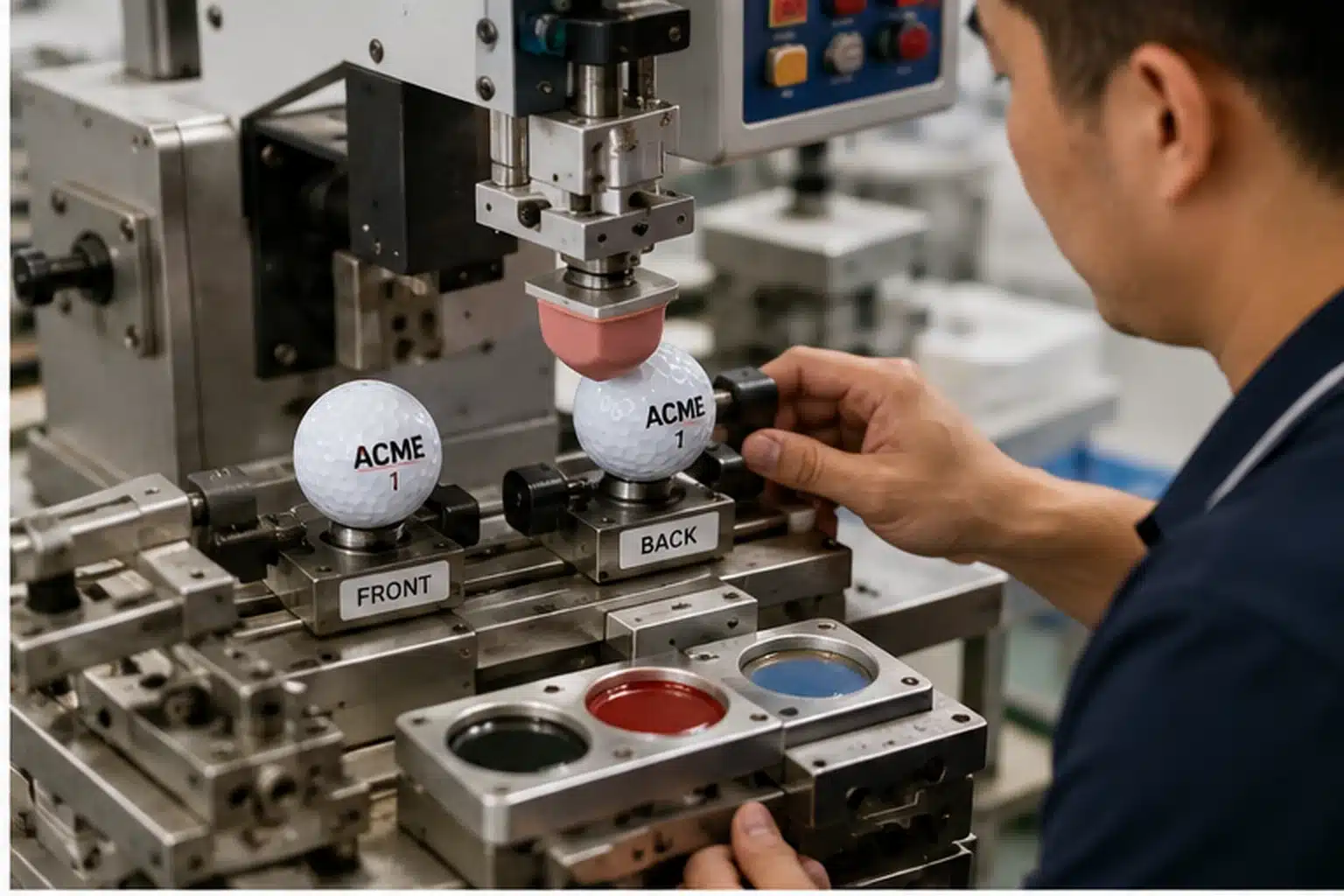 Custom Golf Balls OEM Printing custom printed golf balls at OEM factory logo printing station