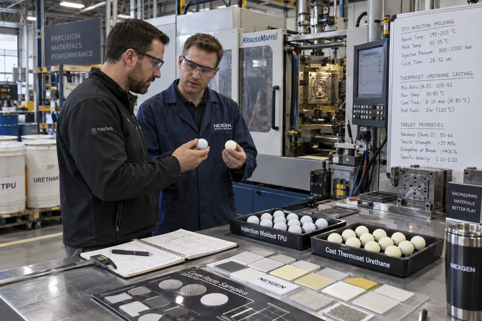 OEM Golf Ball Materials OEM golf balls compared in factory using TPU and urethane materials for custom manufacturing