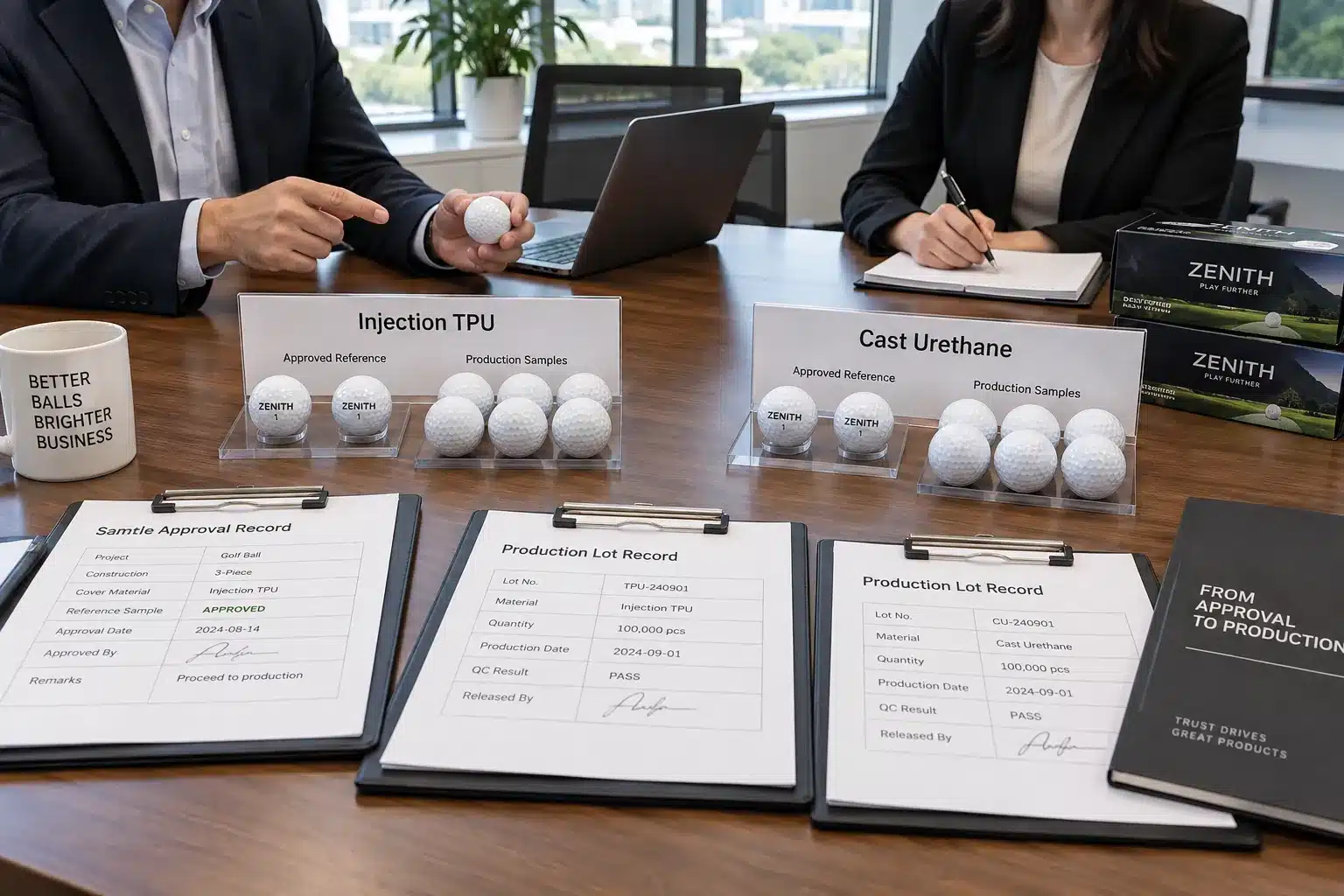 OEM Golf Balls Quality Control OEM golf balls compared by TPU and urethane production samples during quality control approval