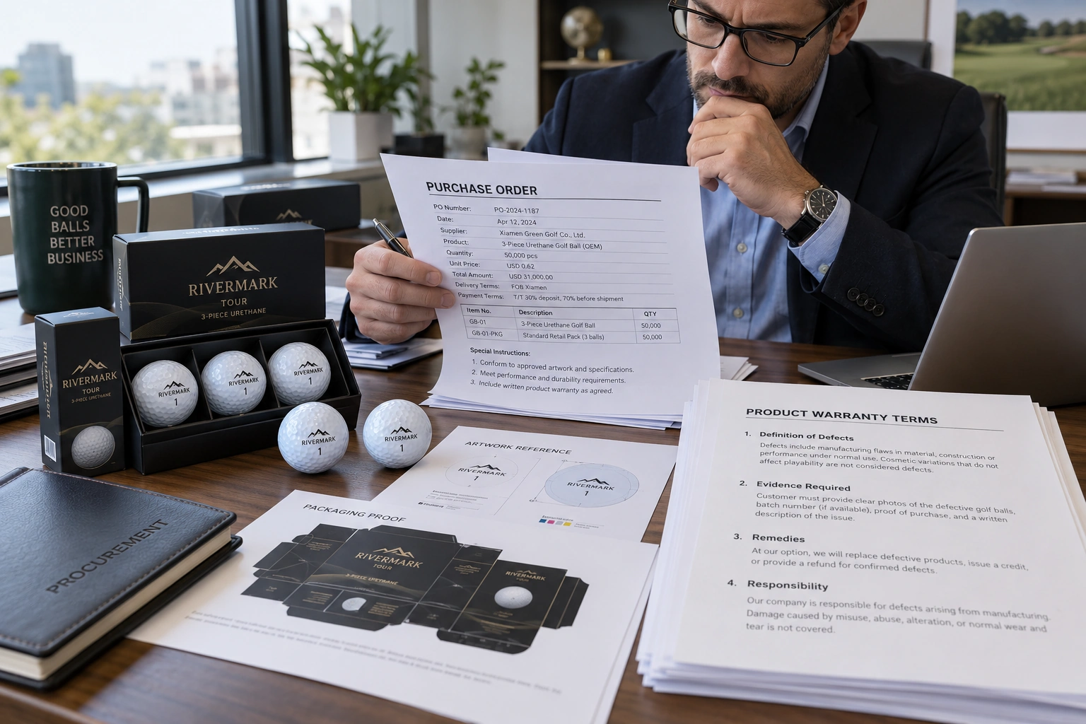 OEM Golf Balls Procurement OEM golf balls procurement manager reviewing purchase order and warranty terms for branded supply