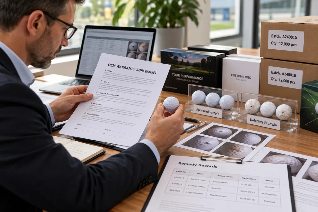 OEM golf balls reviewed with warranty agreement, approved samples, and quality control evidence