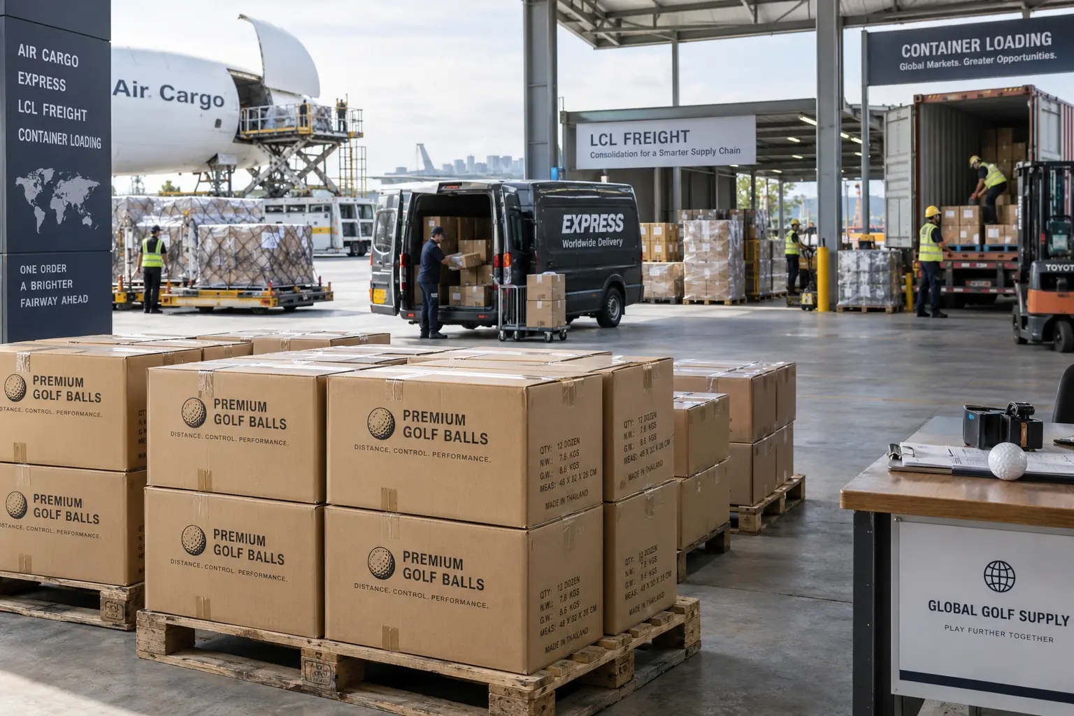 Golf Balls Bulk Export bulk golf balls palletized for export at air cargo and LCL freight warehouse